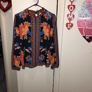 Anthropologie Black Floral-Print Long-Sleeve Blouse